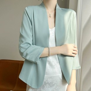 夏季女士素米色小西装外套七分袖西服上衣修身薄款休闲白黑色外搭