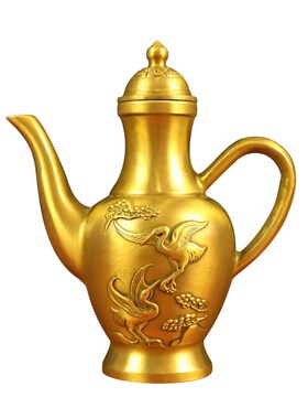 铜壶松鹤延年酒壶工艺品摆件纯铜餐厅酒壶宴会家居婚庆铜酒壶铜器