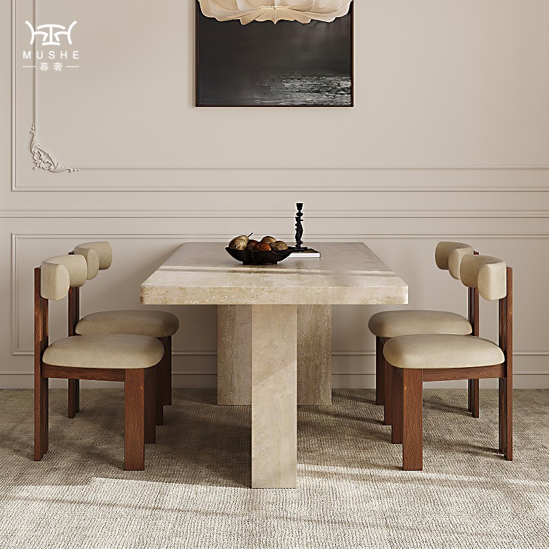 暮奢法式复古洞石岩板餐桌下挂长方形设计师洞石餐桌餐椅组合