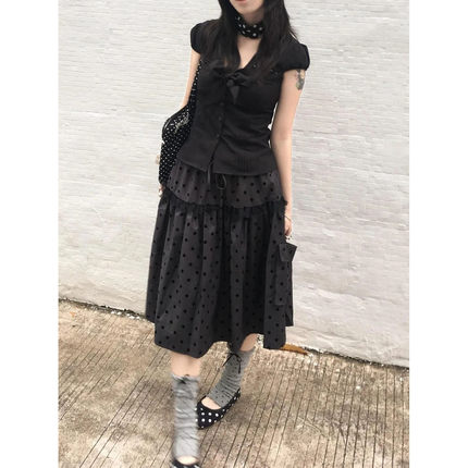 复古甜酷风日系少女时尚套装女黑色波点半身裙短袖衬衫上衣两件套