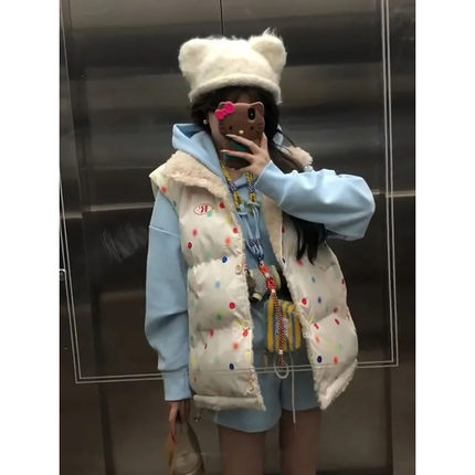 羊羔毛加绒加厚波点马甲女秋冬季两面穿背心棉衣坎肩棉服马夹外套