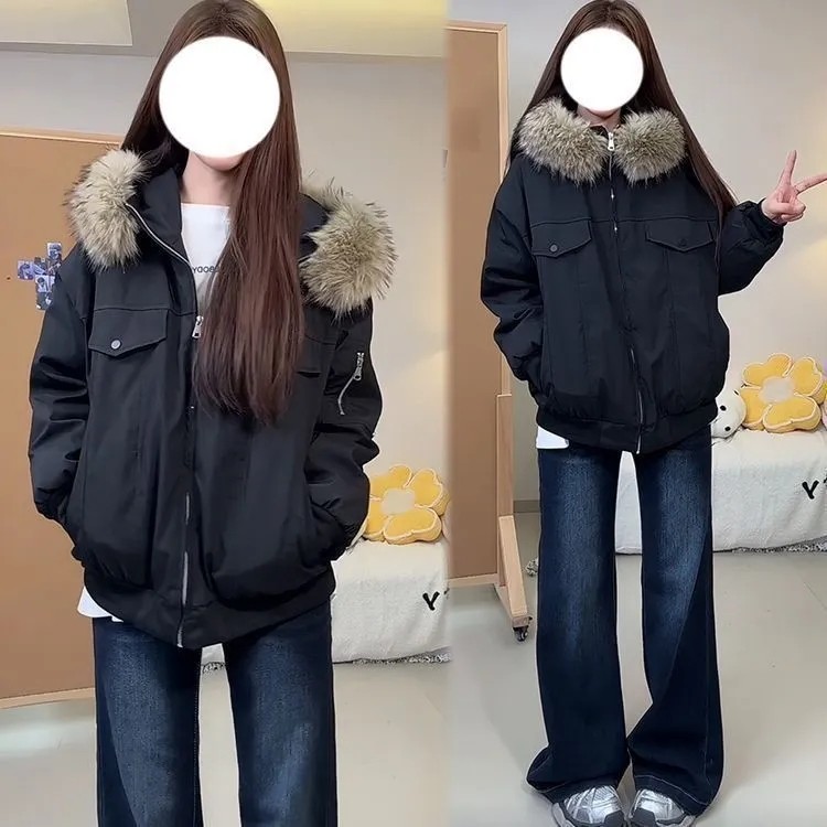 带毛领派克棉服外套女冬季新款棉衣宽松加绒加厚保暖夹克情侣棉袄