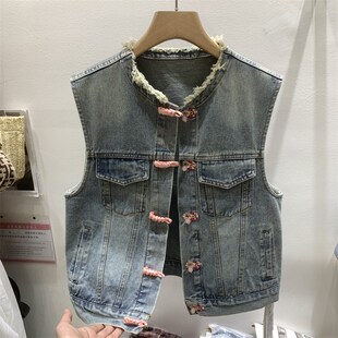 短款 撞色拼接国风长袖 牛仔马甲外套女复古怀旧蓝色 新款 2025年春季