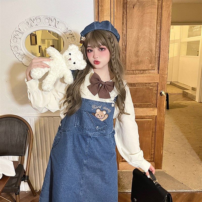 硬糖大码软妹牛仔背带连衣裙花边领衬衫套装女胖mm显瘦裙子两件套