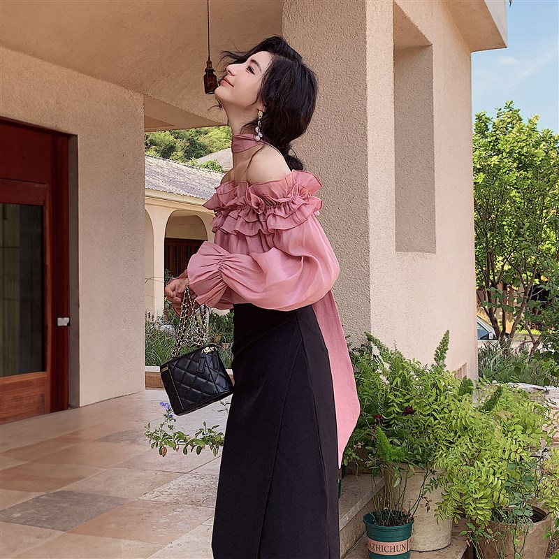 绝美小衫仙气漏锁骨荷叶一字领露肩防晒衬衫粉色法式上衣女高级感