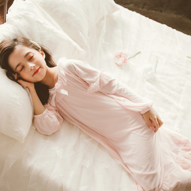 女童长袖睡裙春秋季薄款蕾丝公主中大童小女孩仙女连衣裙宫廷睡衣