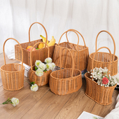 仿藤条手工编织花篮田园风系列塑料藤编手提篮绿植小花篮装 饰摆件