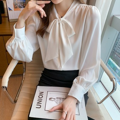 白色蝴蝶结衬衫女秋冬2024新款加绒加厚打底职业上衣长袖雪纺衬衣