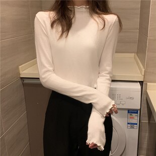 酒红色打底衫女半高领针织内搭暗红修身木耳边中领长袖上衣春秋冬