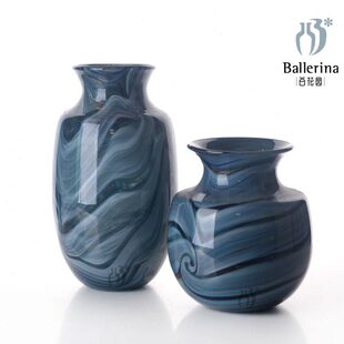 2百花园 高档圆柱形摆件 古典高雅玻璃艺术品 轻奢蓝灰色理石纹花