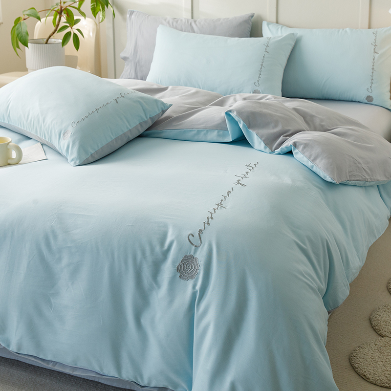 纯棉被套单件100全棉牀单被罩三件套纯色高端单人蓝色被单四件套