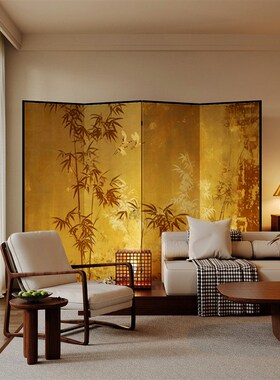 中式古风竹韵禅意屏风客厅卧室床头覆古移动折叠实木定制金箔隔断