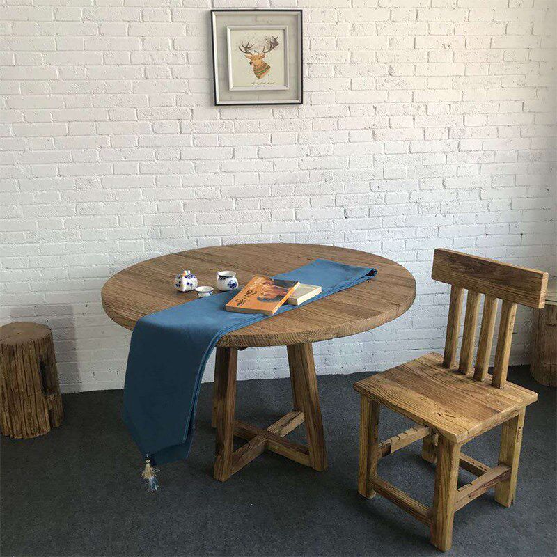 老榆木圆桌实木茶几风化复古圆形茶台旧木板圆餐桌民宿家具定制