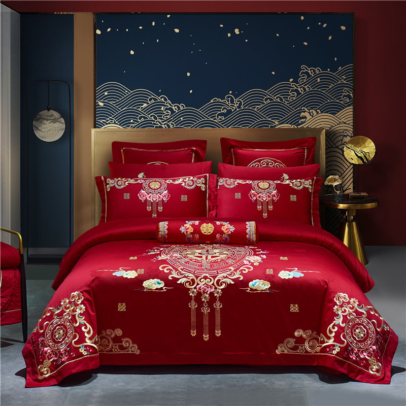 120支长绒棉婚庆四件套大红色全棉刺绣结婚被套纯棉新婚床上用品4