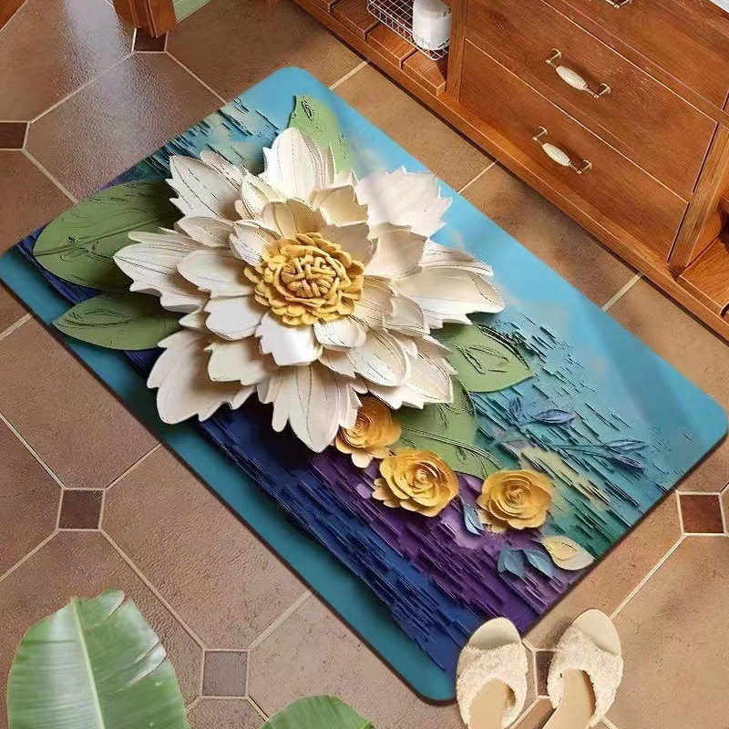 油画花朵浴室吸水地垫3d立体硅藻