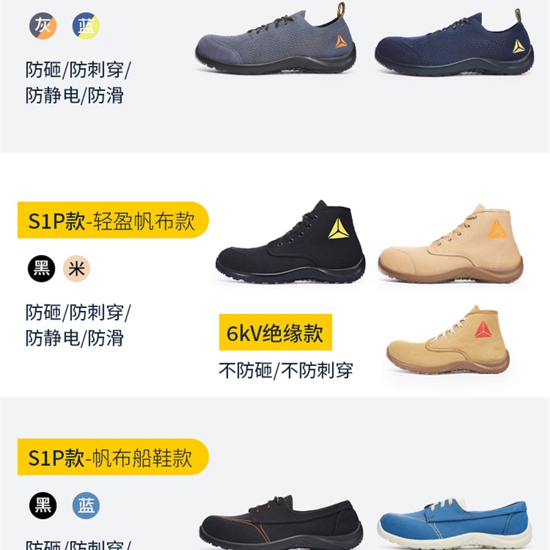 代尔塔劳保鞋男夏季透气防臭轻便钢头防砸防刺穿工作静电安全鞋女