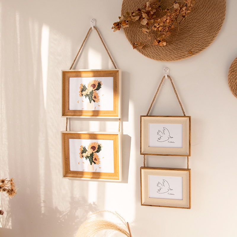 洗照片做成相框挂墙寸7寸10寸麻绳挂式相片框二连三联照片墙