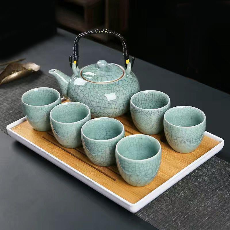 哥窑陶瓷家用大容量青瓷提梁泡茶壶茶杯整套开片功夫茶具套装托盘