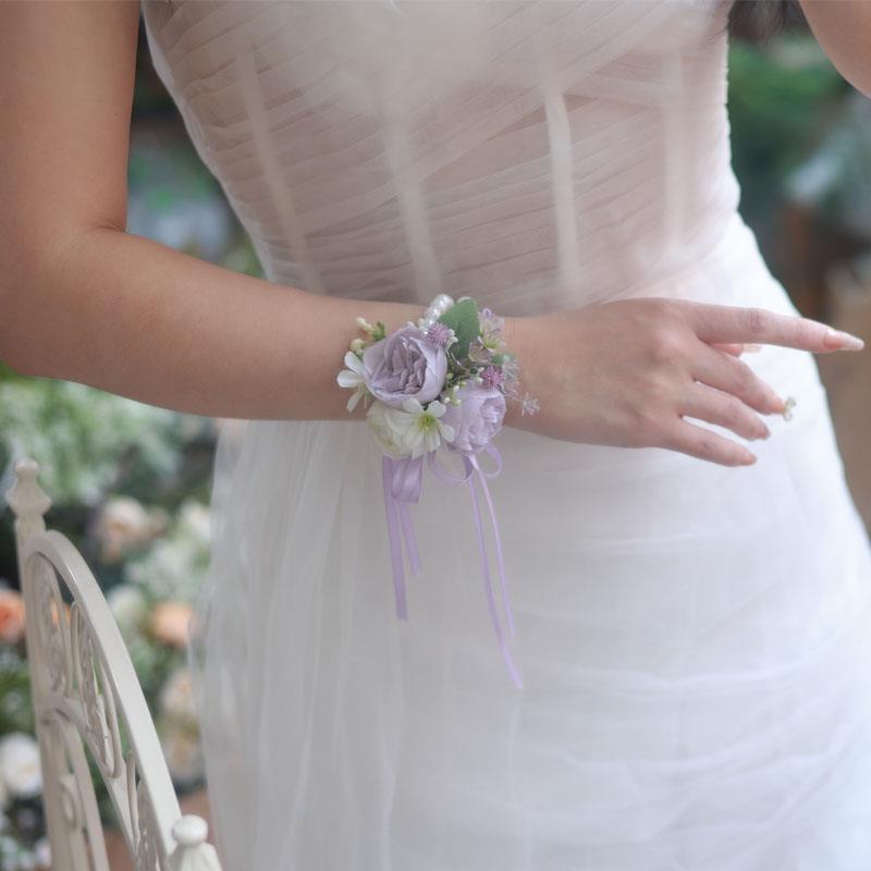 新娘伴娘姐妹团玫瑰紫色手花珍珠超仙手腕花高级皮筋手环森系