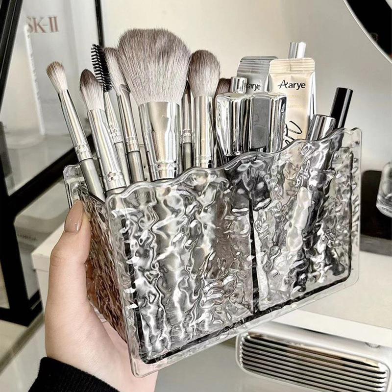 北欧冰川水波纹刷筒透明笔筒分格收纳盒亚克力梳妆台化妆刷收纳筒