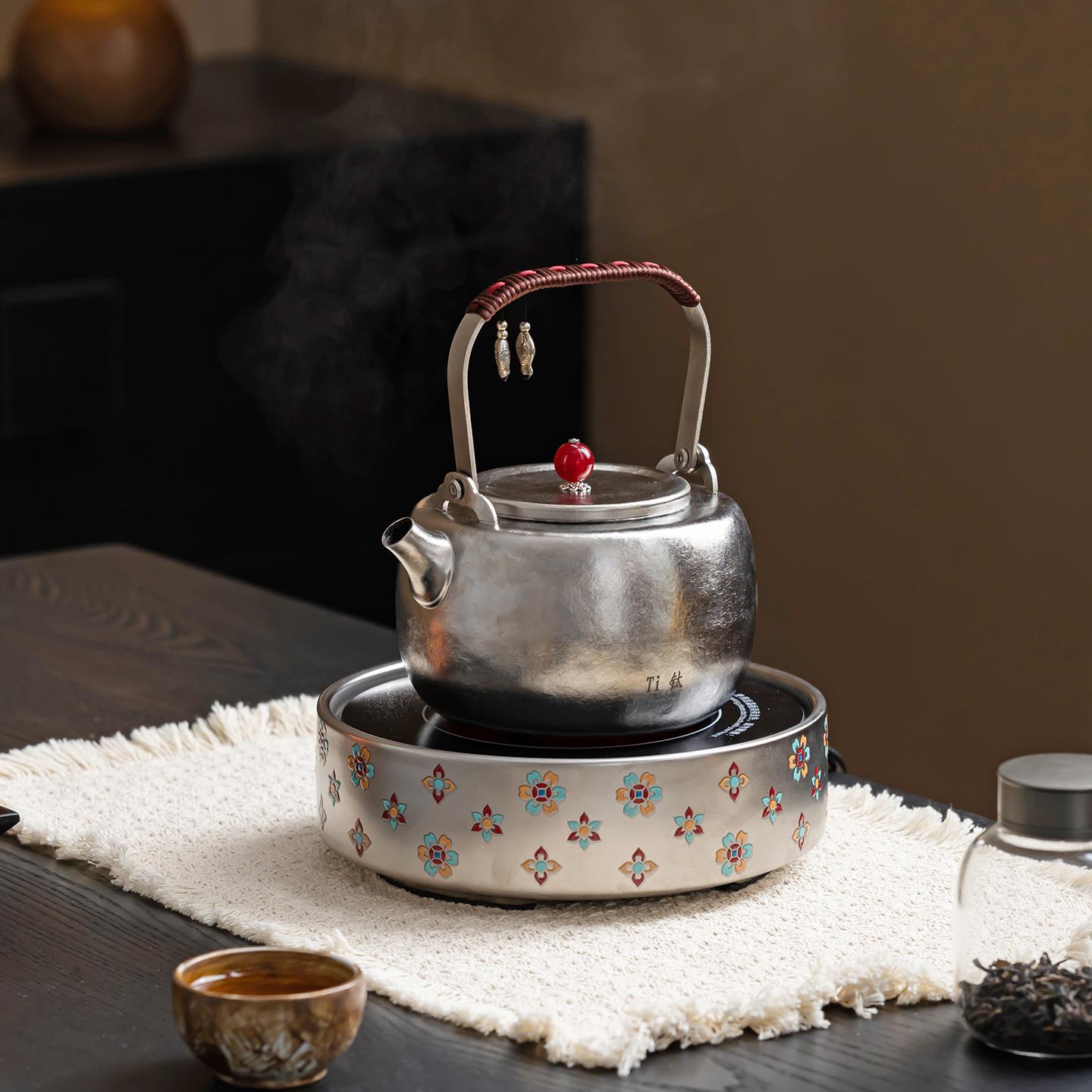 新款宝相花鎏钛银陶瓷电陶炉煮茶器茶炉煮茶壶家用纯钛烧水壶套装