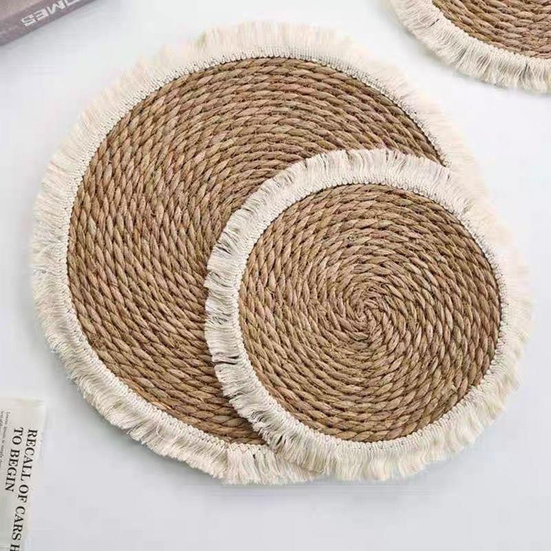 流苏边草编餐垫加厚隔热砂锅垫圆形蒲草编织餐垫餐桌盘垫子