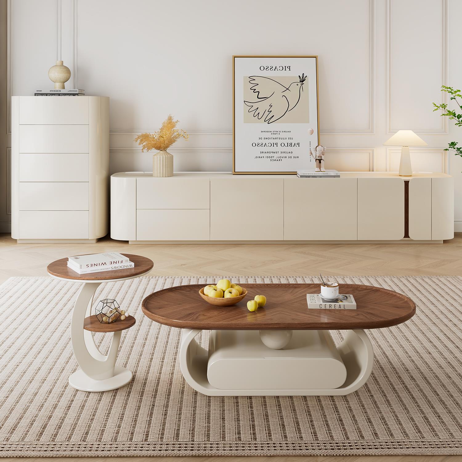 纯实木落地电视柜茶几组合现代简约小户型客厅奶油风电视柜岩板