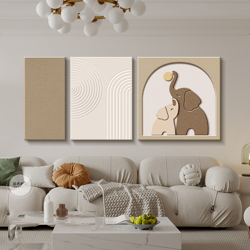 侘寂风大象客厅装饰画立体砂岩肌理实物画高档沙发背景墙挂画