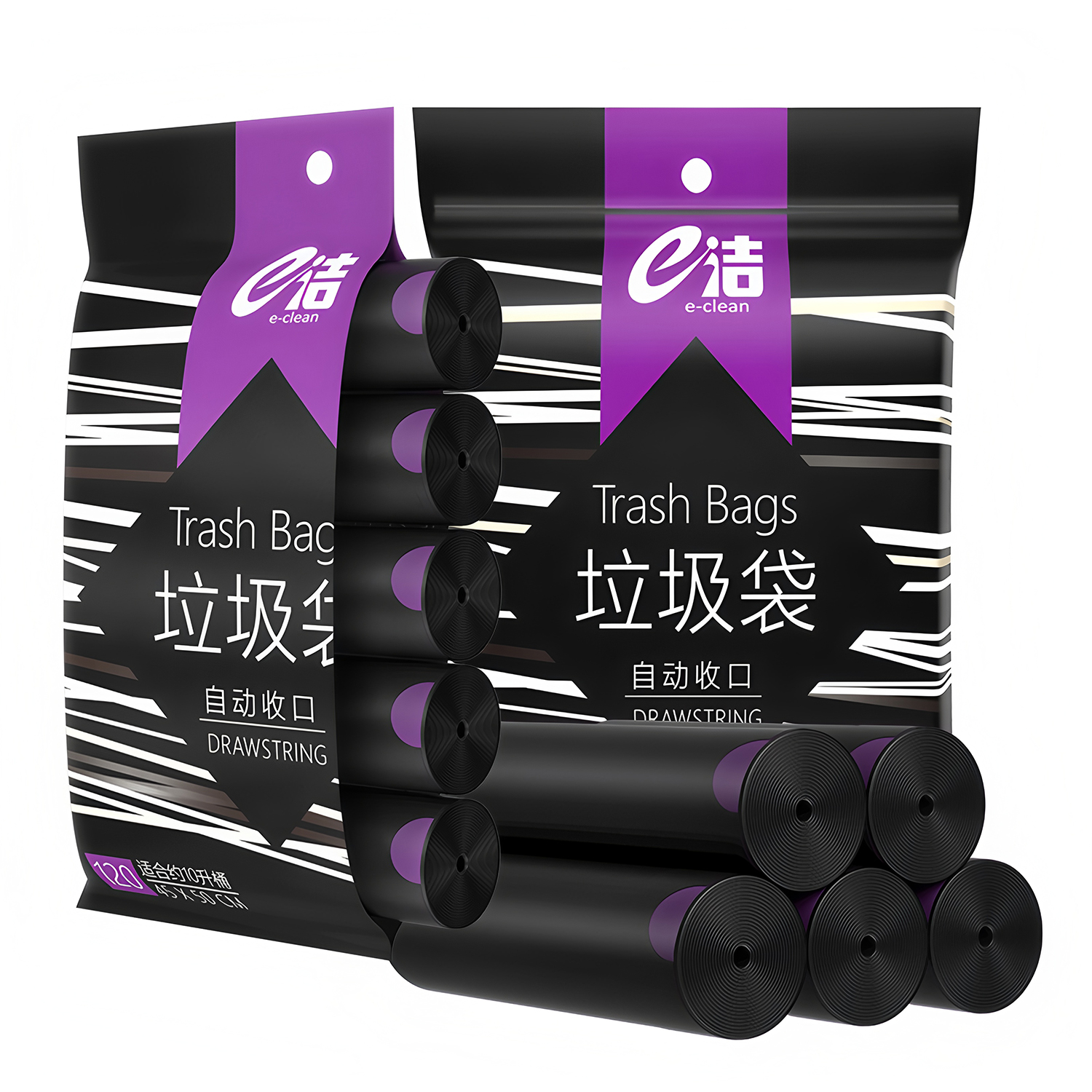e洁垃圾袋手提式加厚加大号家用厨房黑色一次性免撕抽绳塑料袋子