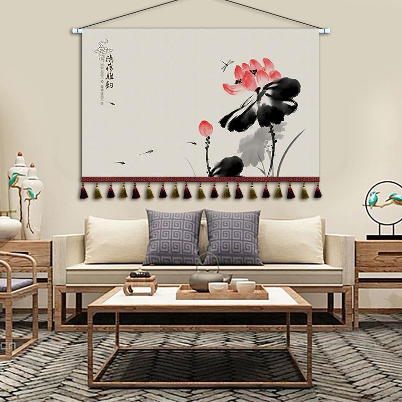 新中式风景挂画布艺富贵吉祥装饰画书房背景墙挂毯民宿挂布定制图片