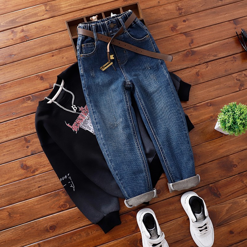 中大童蓝色瘦版牛仔裤男童秋季童装长裤儿童修身弹力牛仔小脚裤