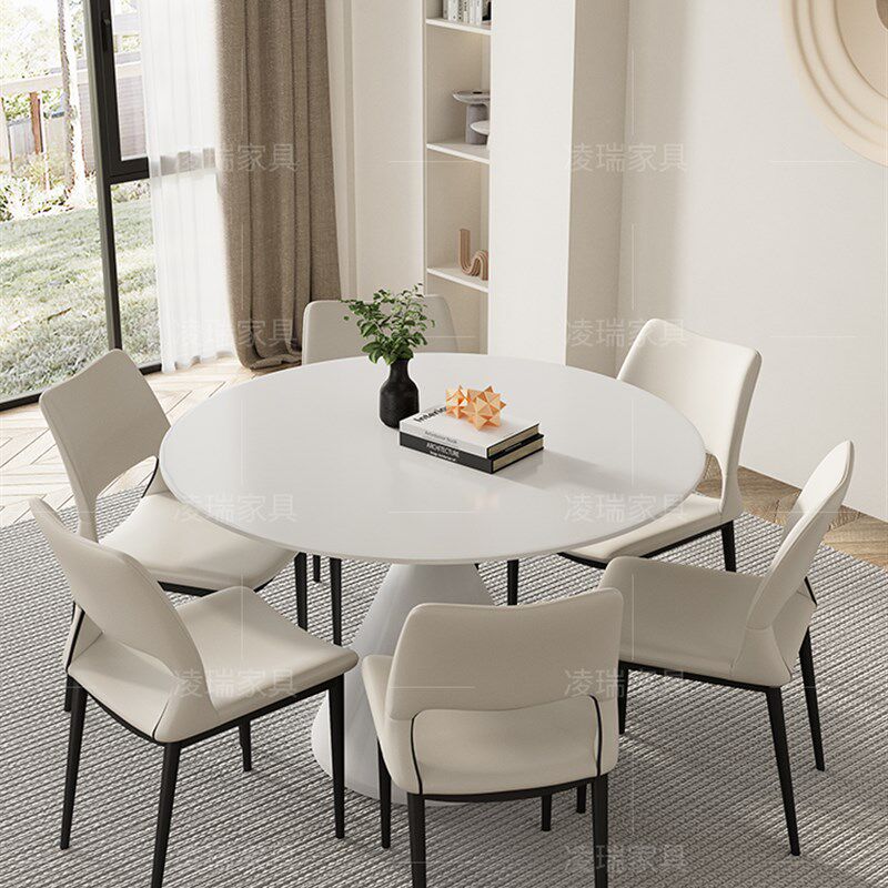 凌瑞家具家用小户型客厅圆形纯白色1米加底板哑光磨砂面岩板餐桌