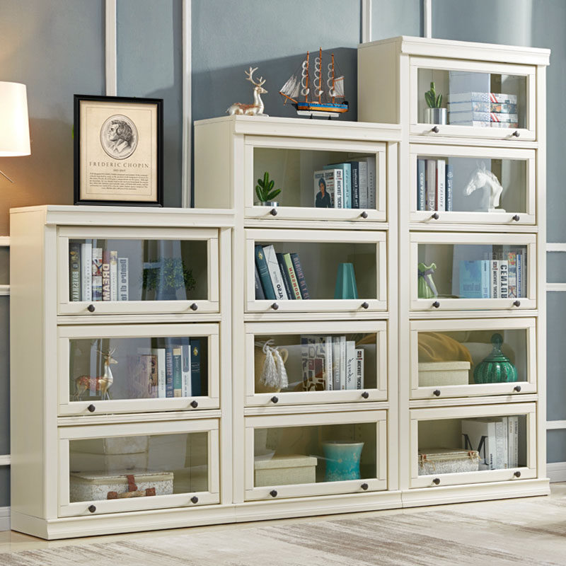 美式实木书柜储物柜收纳柜白色落地儿童玻璃门书橱组合书架置物架