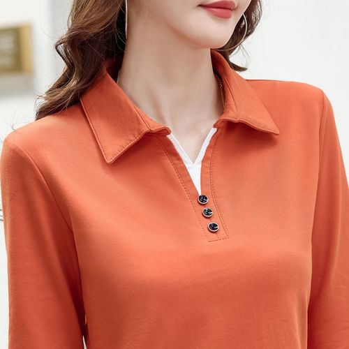 翻领扣子纯棉长袖t恤女春秋大码宽松百搭衬衣t桖中老年妈妈打底衫