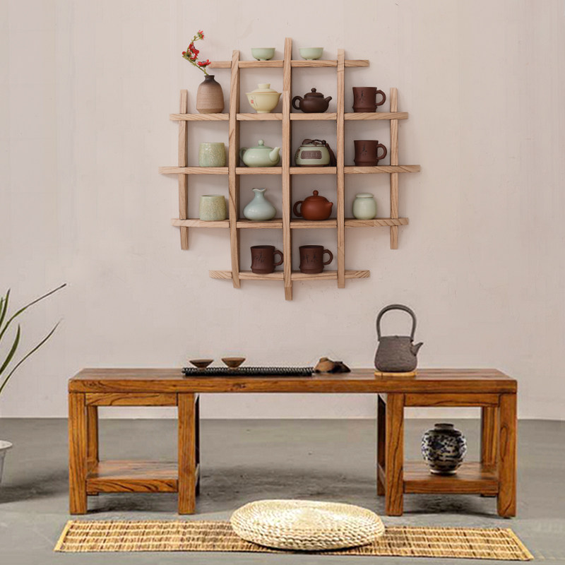 实木博古架多宝阁展示架中式摆件茶具收纳架茶杯架圆形壁挂置物架