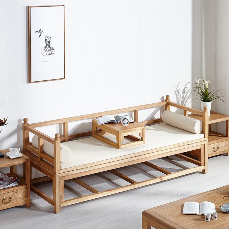 新中式实木罗汉床榆木折叠床禅意简约茶室客厅家用小户型沙发床榻