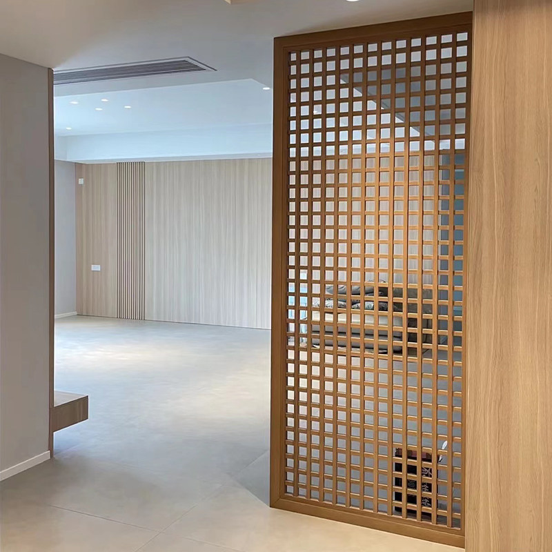 新中式实木木饰面免漆屏风隔断贴皮客厅酒店入户玄关简约定制格栅