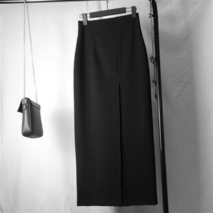 黑色高腰长裙前侧开叉打底裙纯棉半身裙包臀裙直筒裙弹力裙包邮