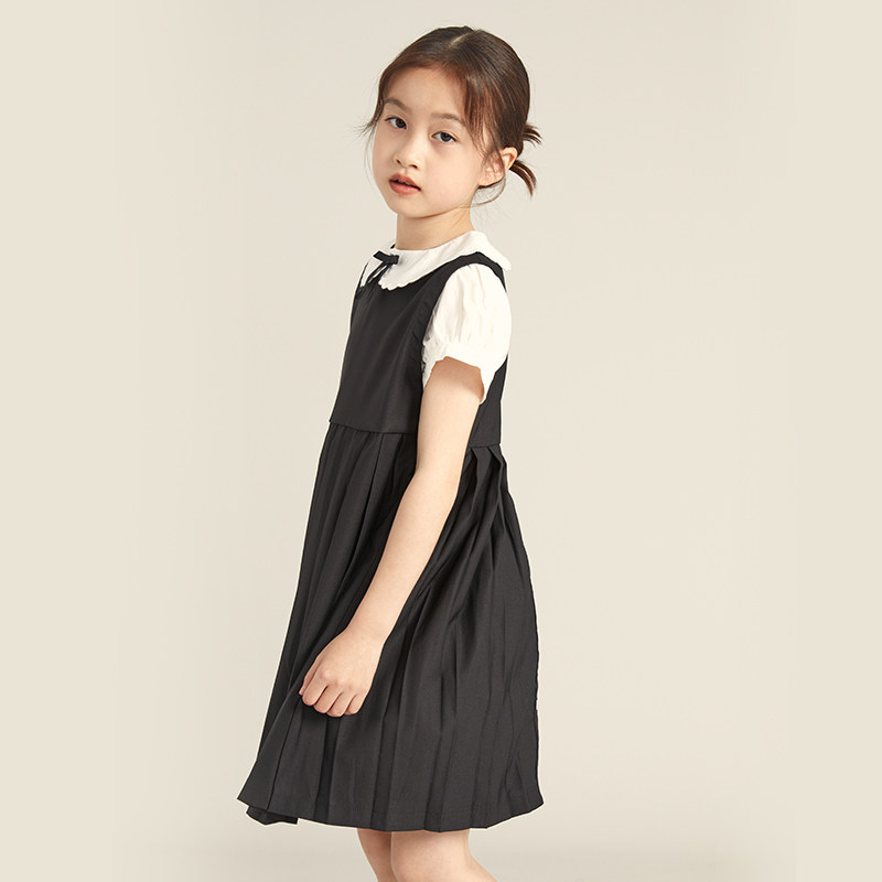 女童夏季连衣裙2024新款儿童假两件衬衫百褶裙短袖JK裙学院风裙子