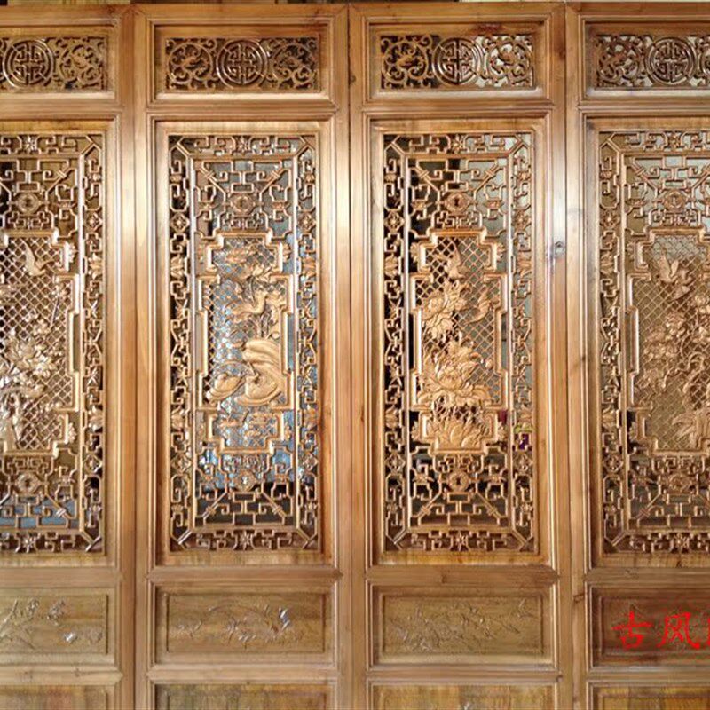 仿古屏风隔断 四季花鸟折屏 中式实木镂空酒店办公室客厅木雕屏风