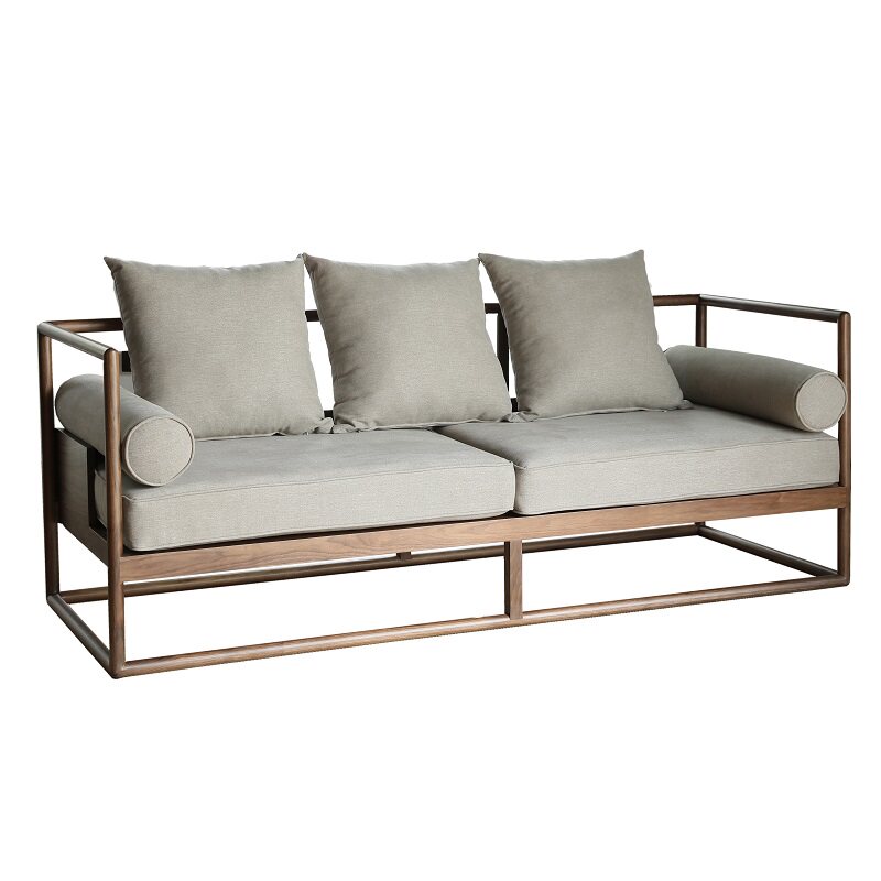 新中式实木沙发禅意双三人位小户型北美黑胡桃木布艺可拆洗沙发