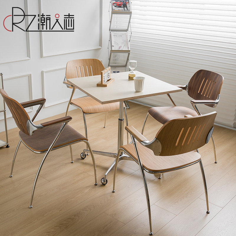 北欧桦木海洋板中古升降小圆桌洽谈桌子可移动滚轮方桌家用小户型