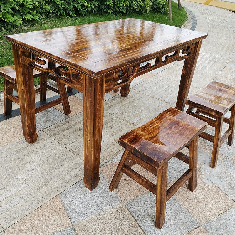 全实木雕花八仙桌餐桌椅凳组合香柏木中式仿古碳化餐馆家用饭桌椅