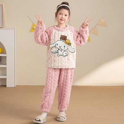 女童睡衣冬季珊瑚绒长袖套头保暖中小童公主法兰绒套装儿童家居服