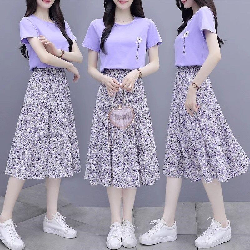 紫色小雏菊短袖t恤连衣裙子两件套装休闲碎花雪纺半身裙夏季女装,女装/女士精品,连衣裙,淘宝优惠券,粉丝福利购,淘宝优惠卷