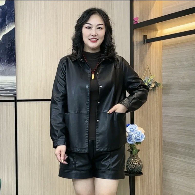 大码翻领水洗皮短款外套2023秋冬新款小个子妈妈休闲pu皮衣220斤