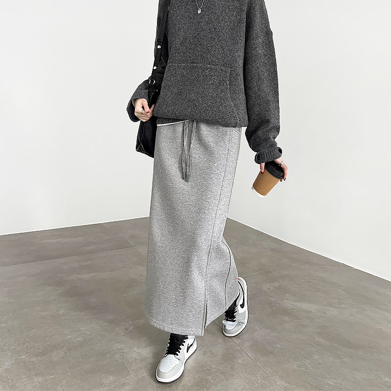 灰色冬季半身裙女2024新款高级感包臀一步裙直筒加绒加厚长款卫裙