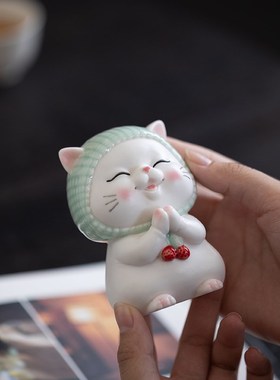 【许愿猫】可爱小猫摆件手工陶瓷家居装饰品卡通动物玄关桌面摆设