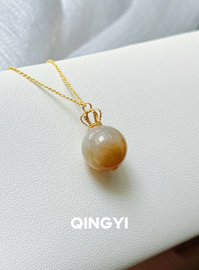 天然新疆和田玉糖白转运珠吊坠18k金皇冠男女款糖玉石挂件锁骨链