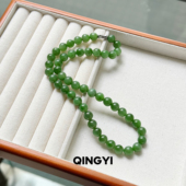 天然俄料和田玉碧玉猫眼项链9.1mm女款 阳绿色玉石珠链送朋友礼物